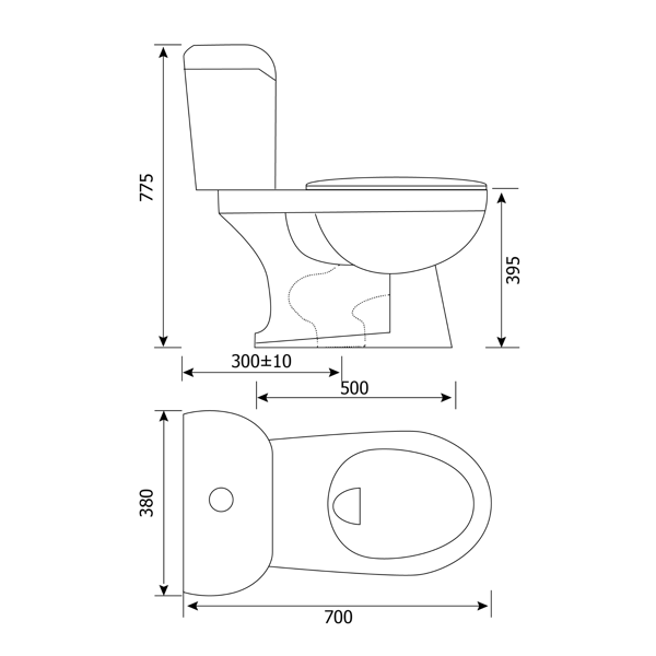 kích thước lắp đặt bệt vệ sinh két nước rời V02